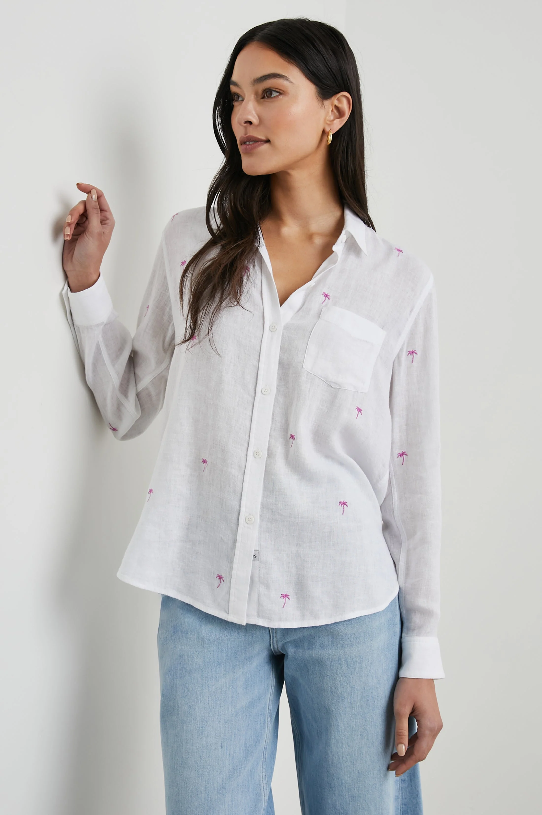 CHARLI SHIRT - FUCHSIA EMBROIDERED PALMS - Image 4
