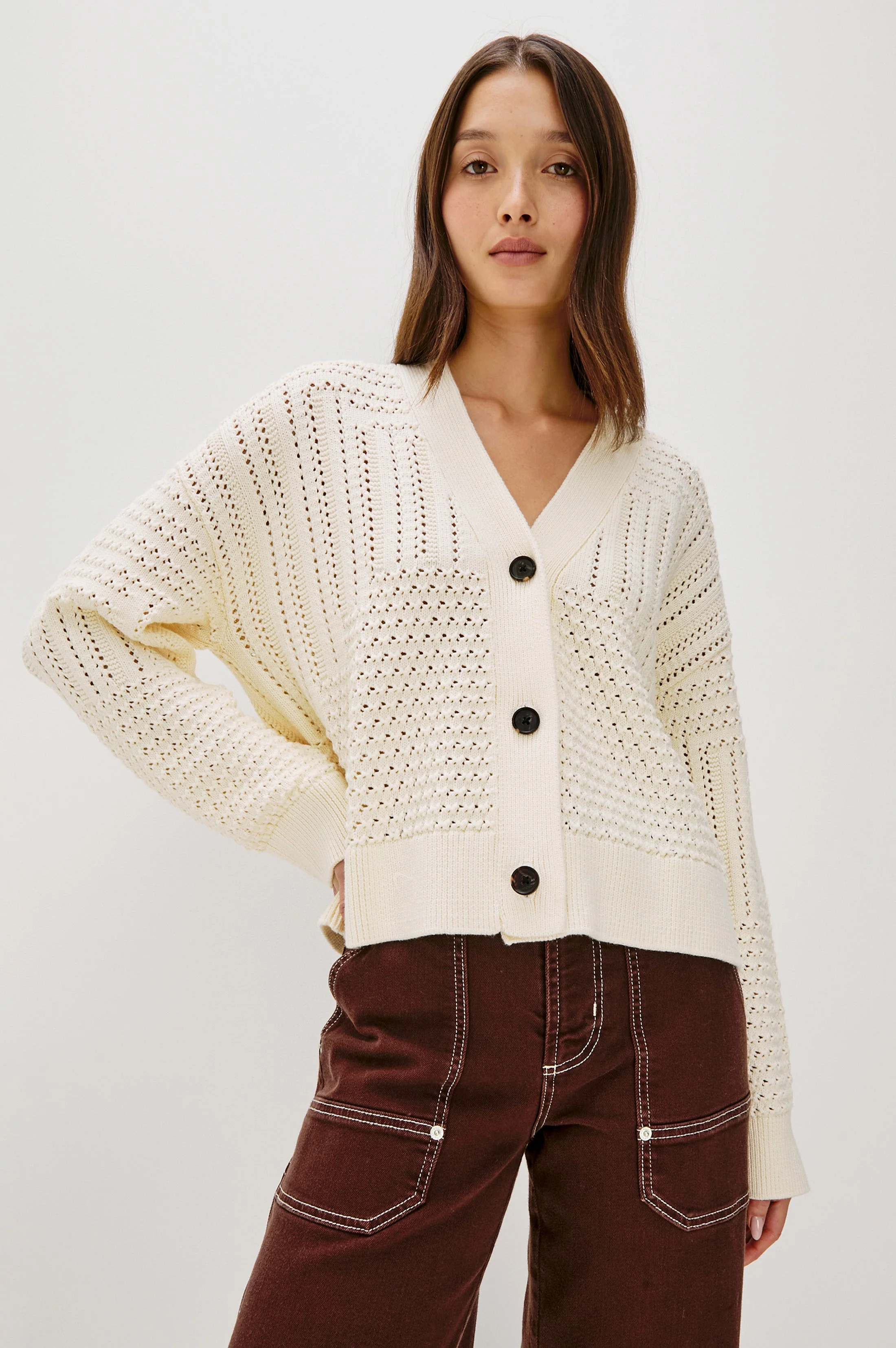 GENEVA CARDIGAN - IVORY PATCHWORK POINTELLE