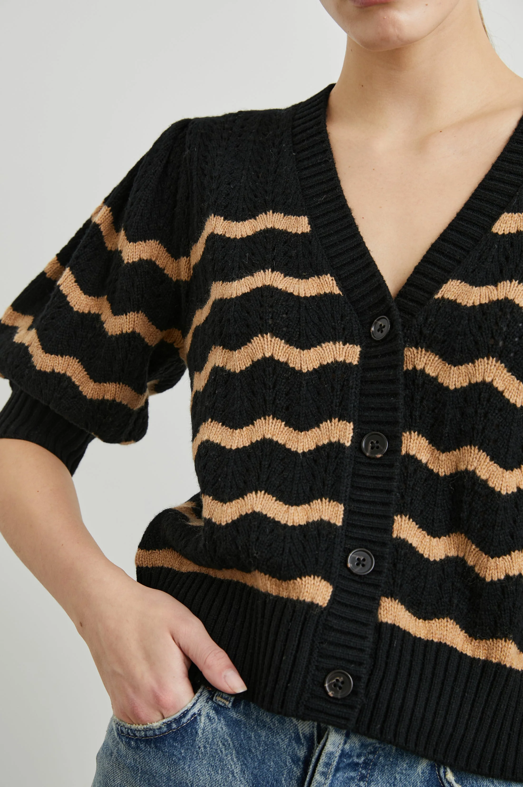 ISLA CARDIGAN - BLACK CAMEL STRIPE - Image 2