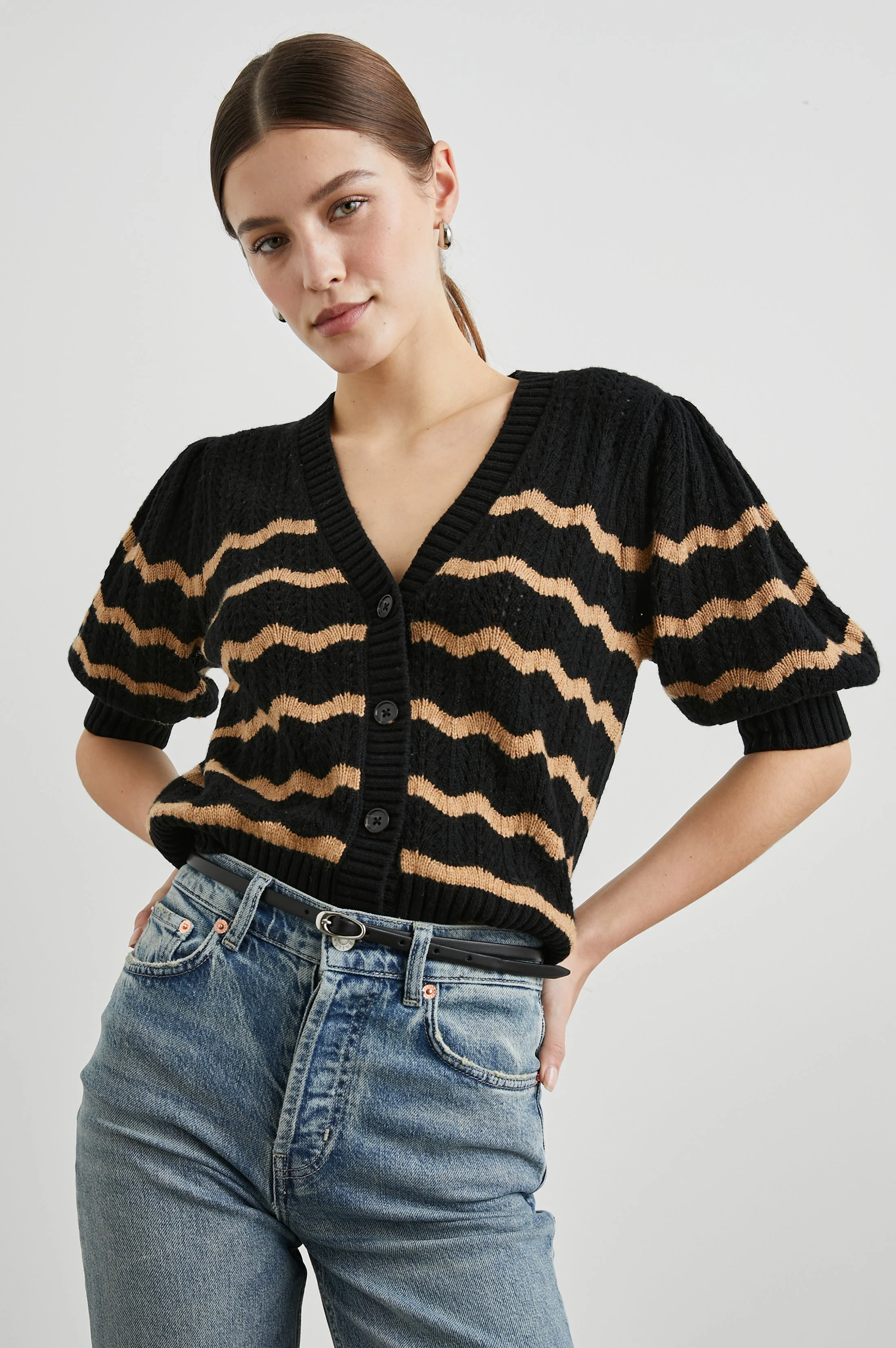 ISLA CARDIGAN - BLACK CAMEL STRIPE - Image 3