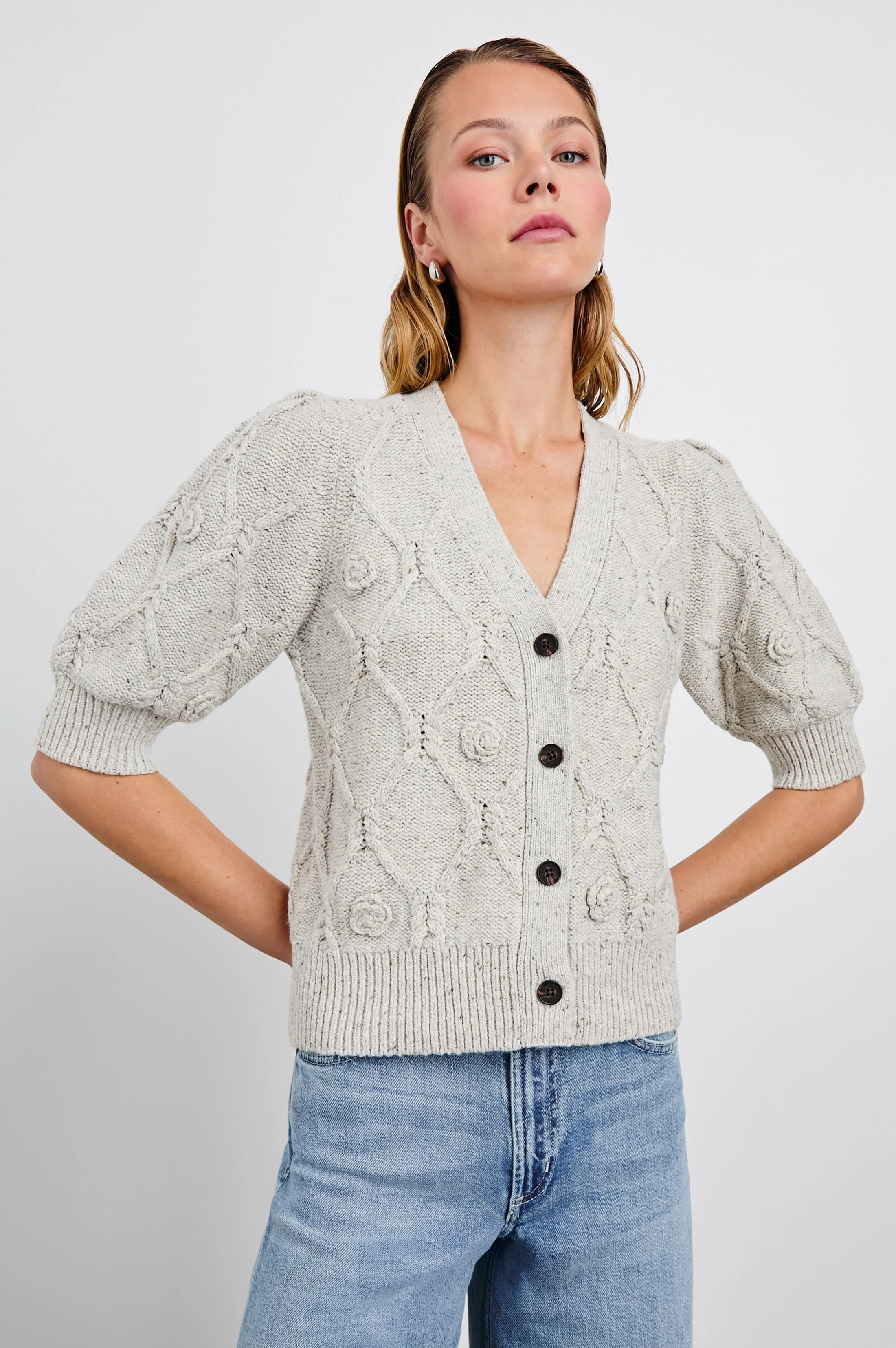 ISLA CARDIGAN - GREY WITH CROCHET DAISIES - Image 2