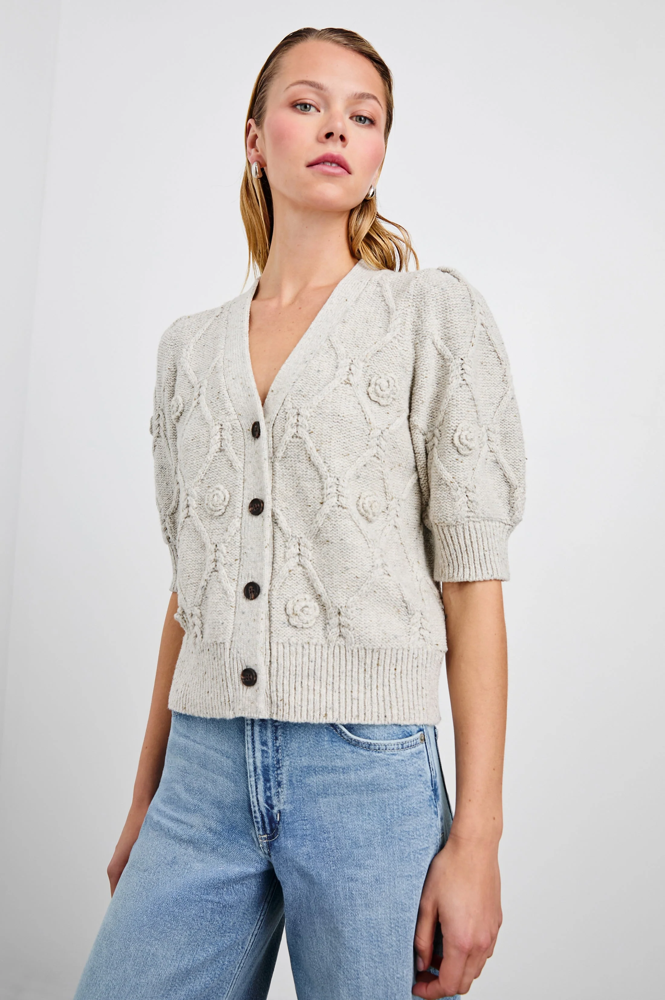 ISLA CARDIGAN - GREY WITH CROCHET DAISIES - Image 4