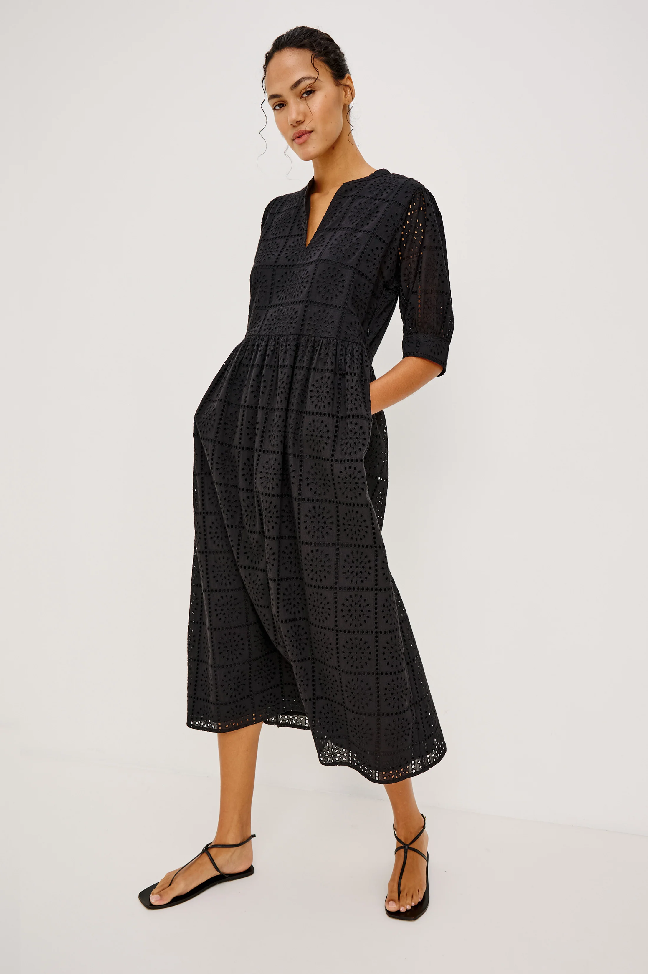 NELLA DRESS - BLACK GRID EMBROIDERY