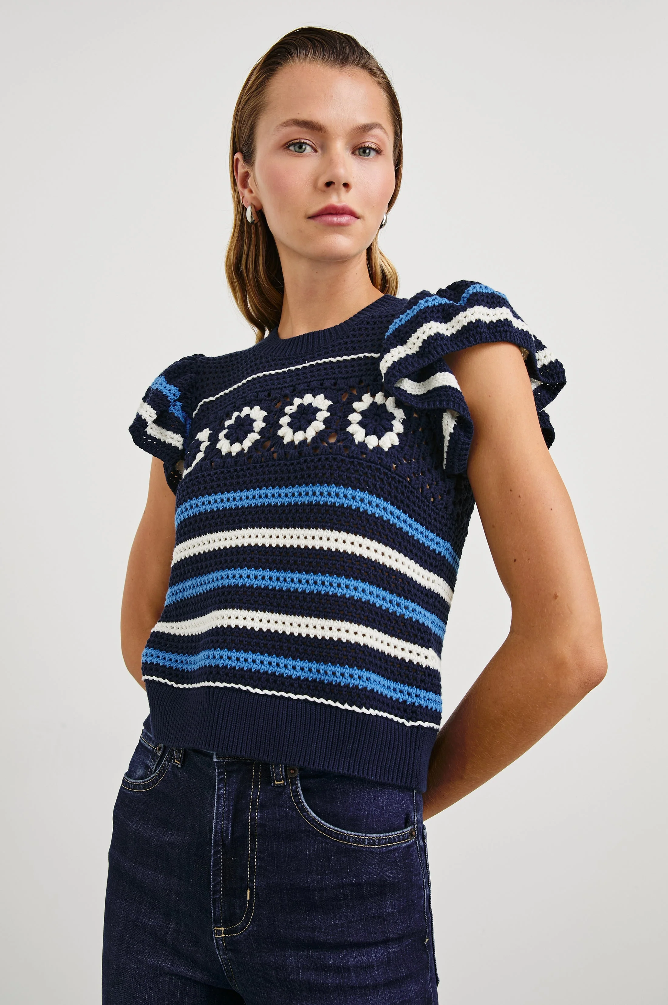 PENELOPE TOP - NAVY SKY CROCHET STRIPE - Image 3