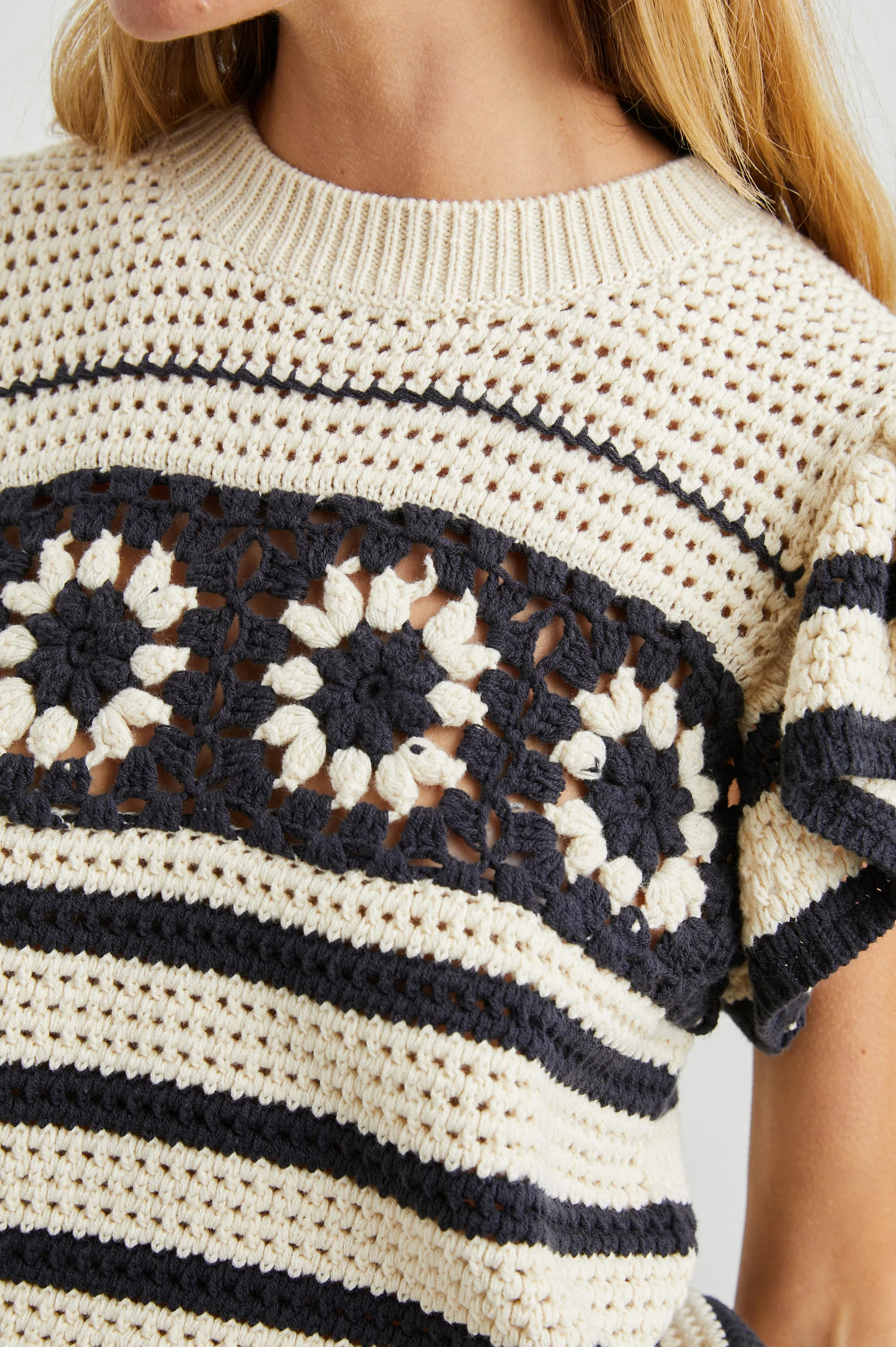 PENELOPE TOP - OAT NAVY CROCHET STRIPE - Image 2