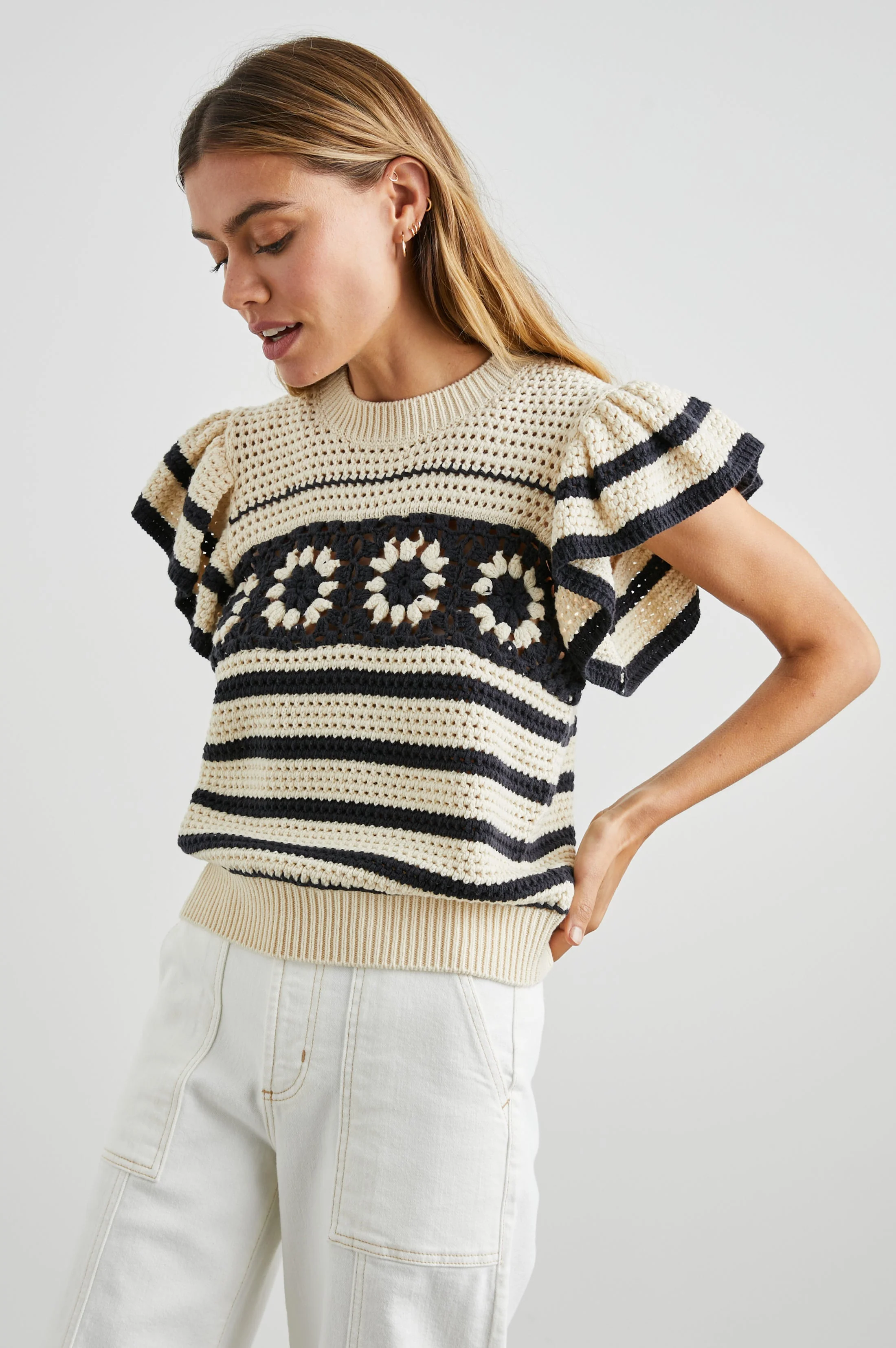 PENELOPE TOP - OAT NAVY CROCHET STRIPE - Image 4