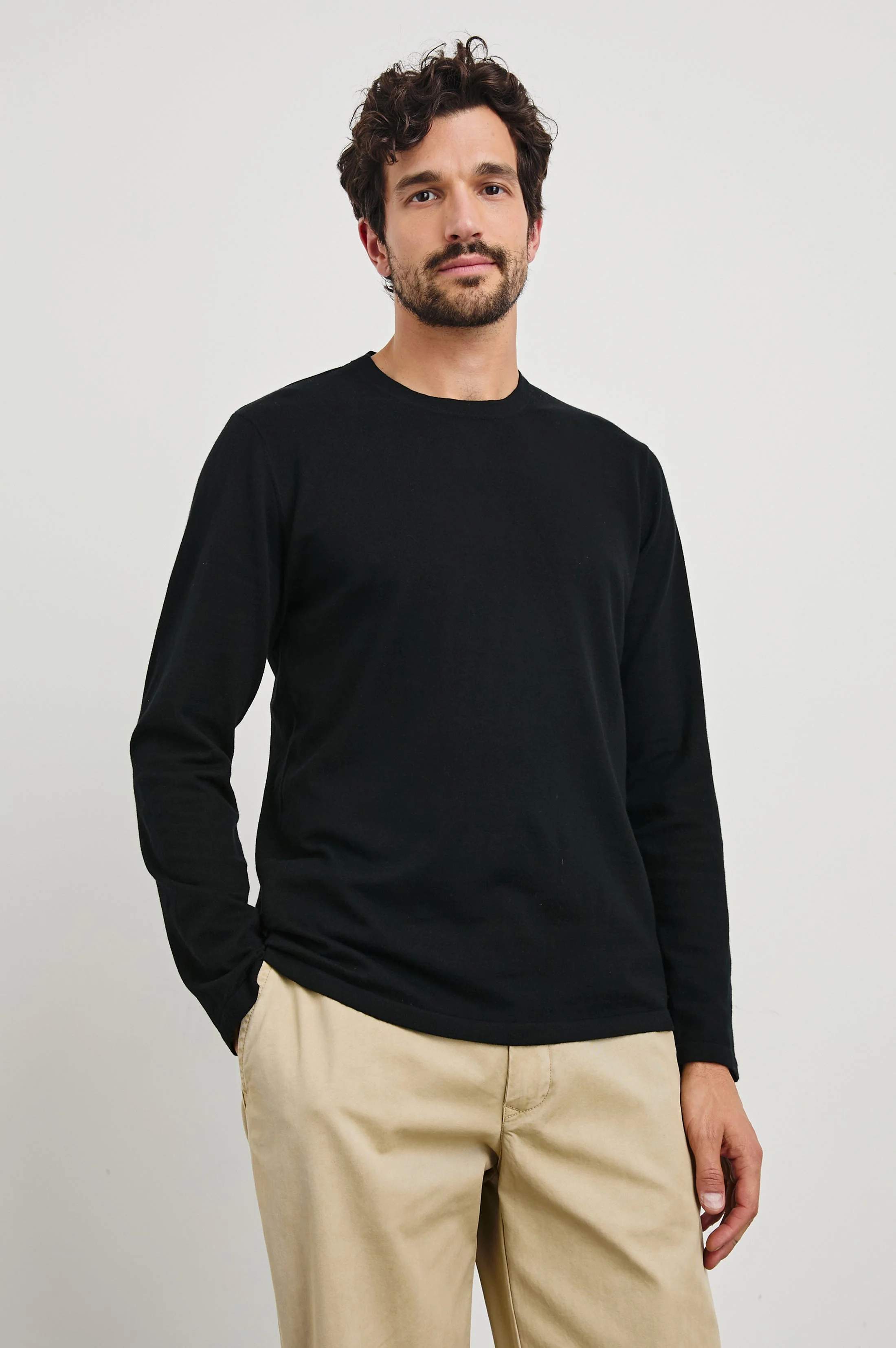 QUENTIN COTTON CASHMERE LONG SLEEVE TEE - BLACK - Image 3
