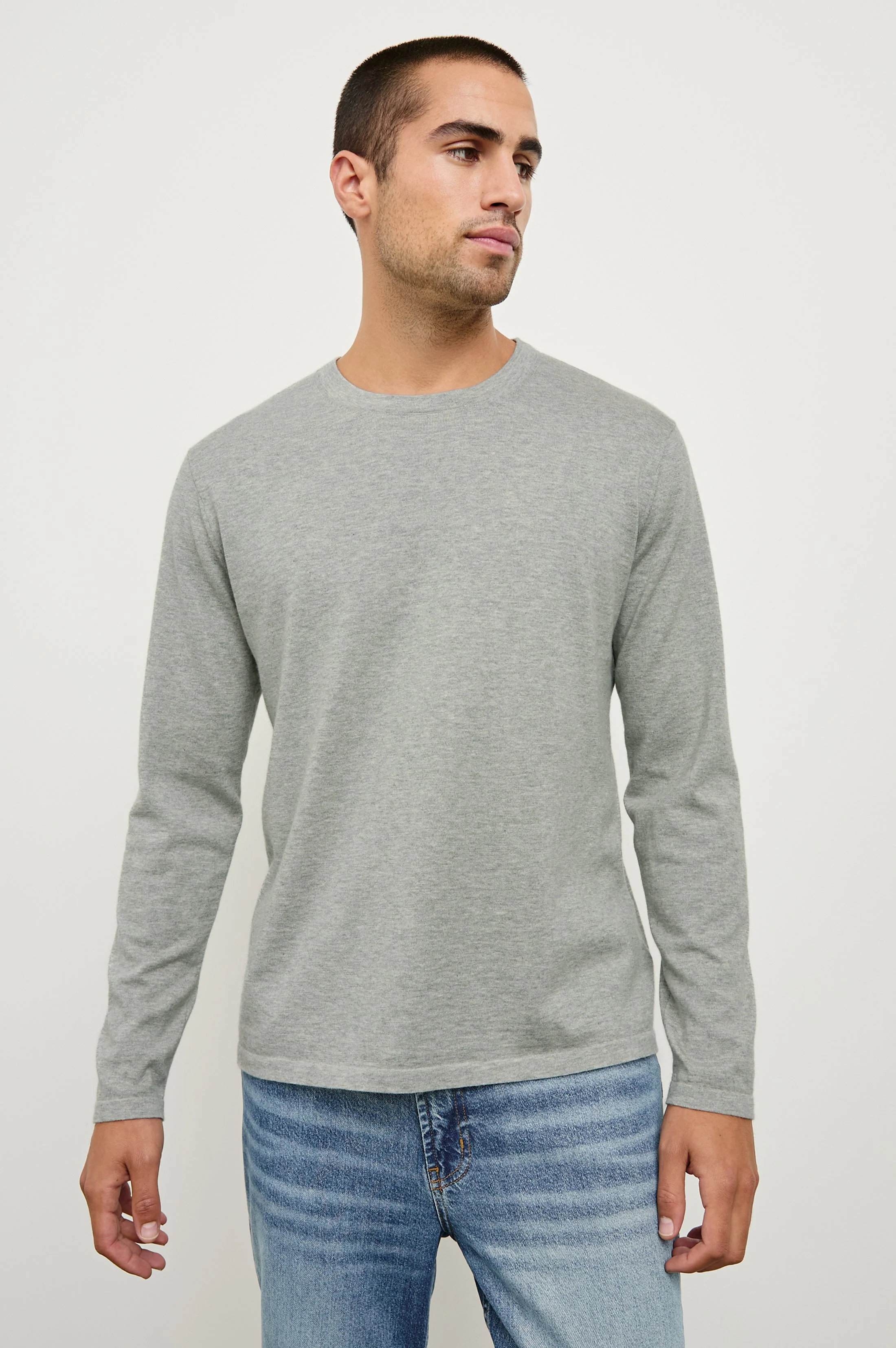 QUENTIN COTTON CASHMERE LONG SLEEVE TEE - HEATHER GREY - Image 5