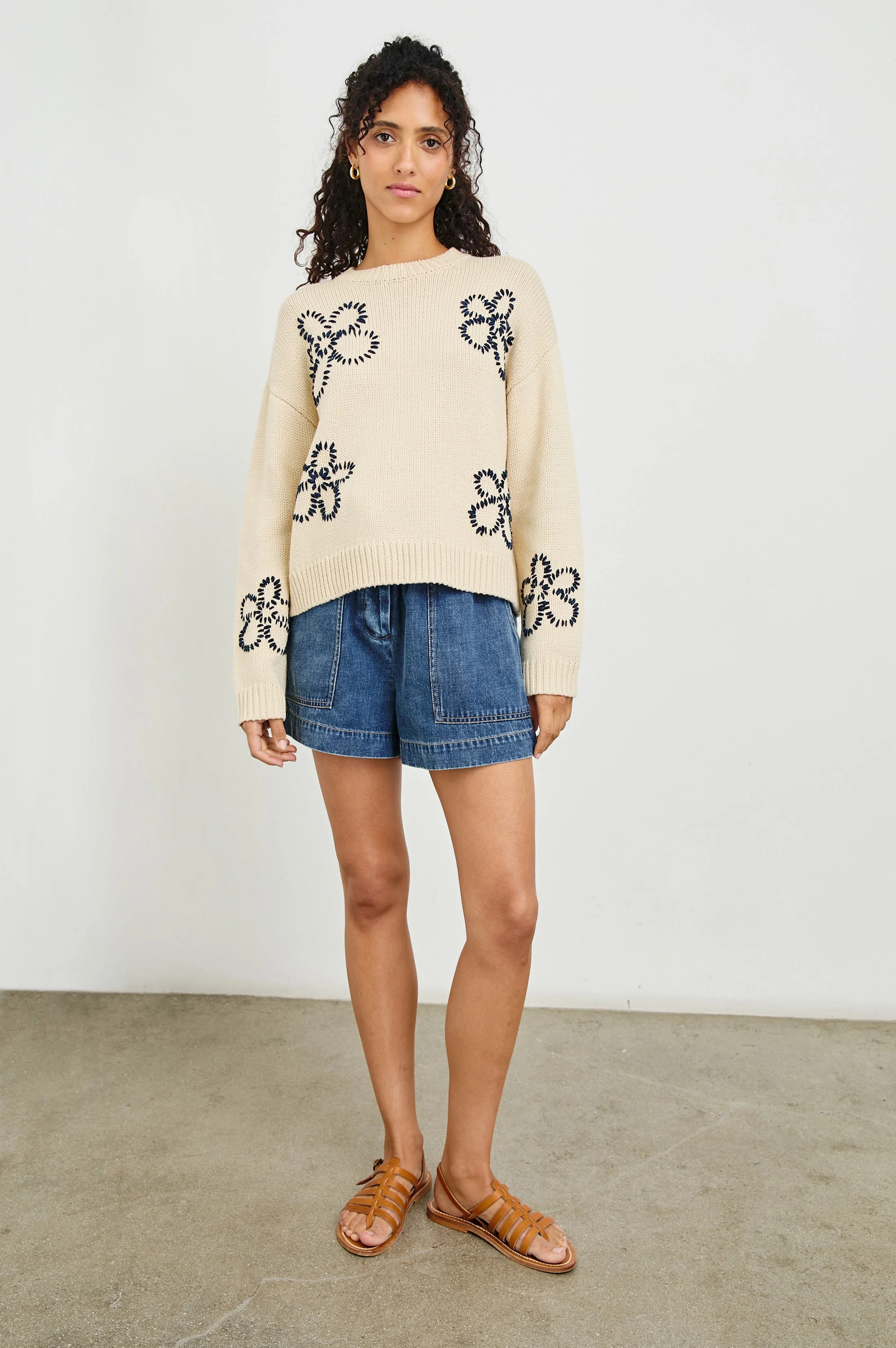 ZOEY SWEATER - IVORY NAVY STITCHED DAISIES - Image 3